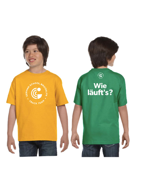 Kids GSB Track Team T-shirt: Wie Läuft's? in Gold and Kelly Green